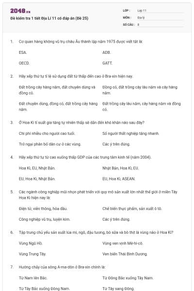 Đề kiểm tra 1 tiết Địa Lí 11 có đáp án (Đề 25)