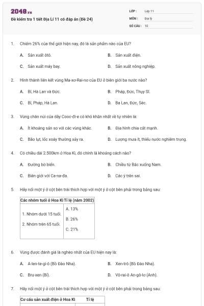 Đề kiểm tra 1 tiết Địa Lí 11 có đáp án (Đề 24)