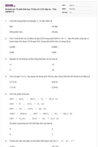 Đề kiểm tra 15 phút Hóa học 10 Học kì 2 (Có đáp án - Trắc nghiệm 3)