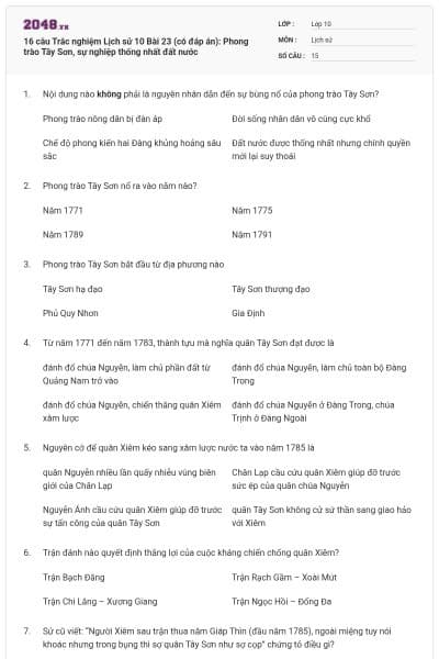16 câu Trắc nghiệm Lịch sử 10 Bài 23 (có đáp án): Phong trào Tây Sơn, sự nghiệp thống nhất đất nước