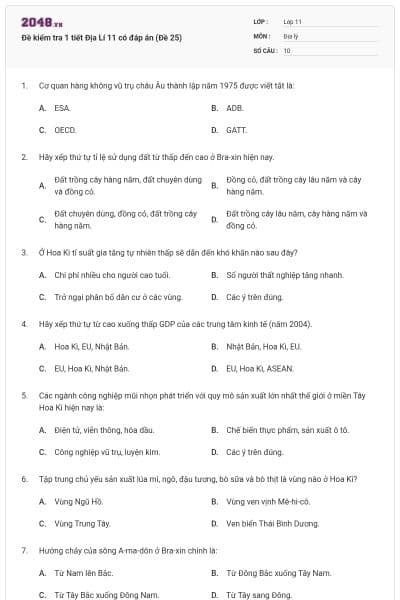Đề kiểm tra 1 tiết Địa Lí 11 có đáp án (Đề 25)
