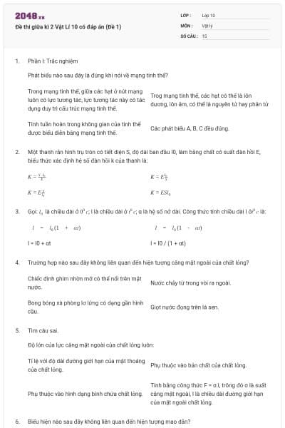 Đề thi giữa kì 2 Vật Lí 10 có đáp án (Đề 1)