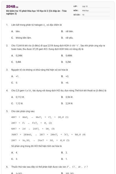 Đề kiểm tra 15 phút Hóa học 10 Học kì 2 (Có đáp án - Trắc nghiệm 3)