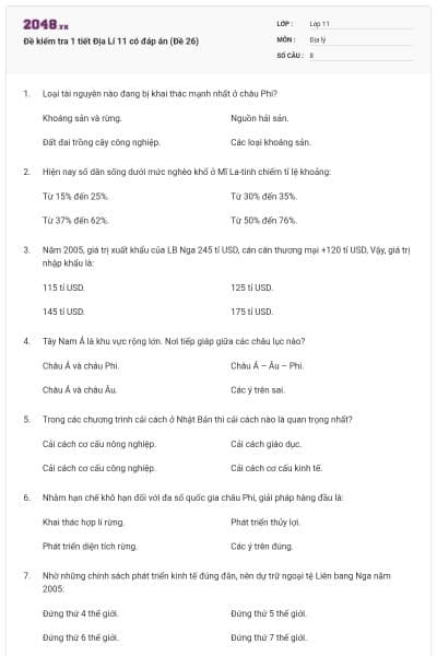 Đề kiểm tra 1 tiết Địa Lí 11 có đáp án (Đề 26)