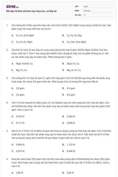 Bài tập CO khử oxit kim loại chọn lọc, có đáp án