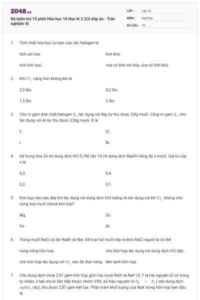 Đề kiểm tra 15 phút Hóa học 10 Học kì 2 (Có đáp án - Trắc nghiệm 4)