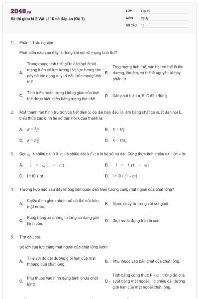 Đề thi giữa kì 2 Vật Lí 10 có đáp án (Đề 1)