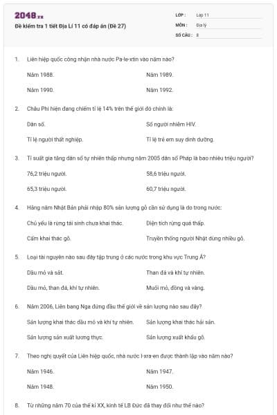 Đề kiểm tra 1 tiết Địa Lí 11 có đáp án (Đề 27)