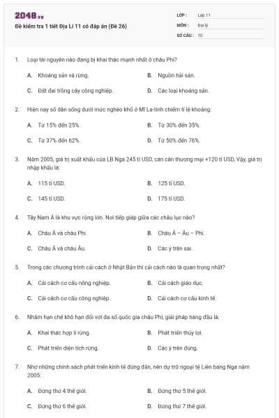 Đề kiểm tra 1 tiết Địa Lí 11 có đáp án (Đề 26)