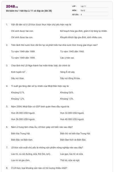 Đề kiểm tra 1 tiết Địa Lí 11 có đáp án (Đề 28)