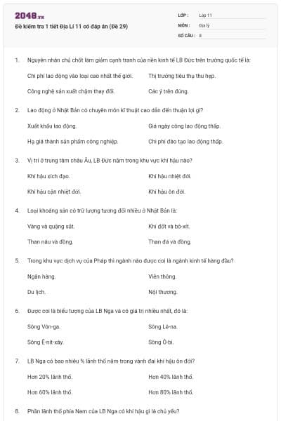 Đề kiểm tra 1 tiết Địa Lí 11 có đáp án (Đề 29)