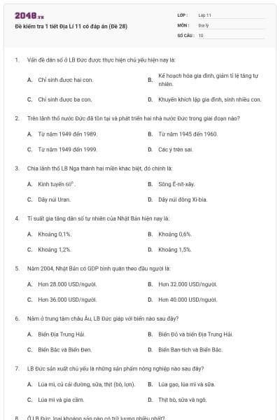 Đề kiểm tra 1 tiết Địa Lí 11 có đáp án (Đề 28)