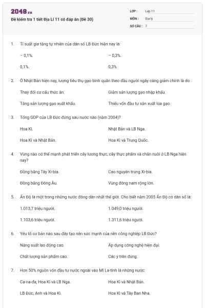 Đề kiểm tra 1 tiết Địa Lí 11 có đáp án (Đề 30)