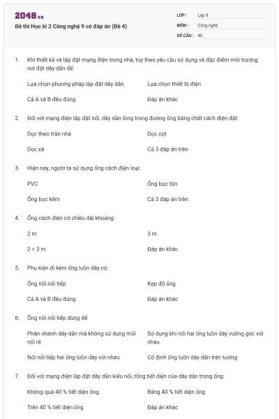Đề thi Học kì 2 Công nghệ 9 có đáp án (Đề 4)