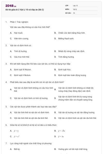 Đề thi giữa kì 2 Vật Lí 10 có đáp án (Đề 2)