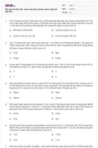 Bài toán về tính axit - bazo của Amin, Amino axit có giải chi tiết (P1)
