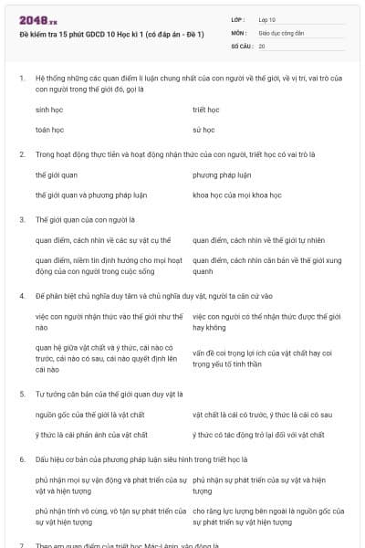 Đề kiểm tra 15 phút GDCD 10 Học kì 1 (có đáp án - Đề 1)