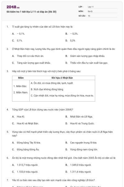 Đề kiểm tra 1 tiết Địa Lí 11 có đáp án (Đề 30)