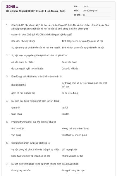 Đề kiểm tra 15 phút GDCD 10 Học kì 1 (có đáp án - Đề 2)