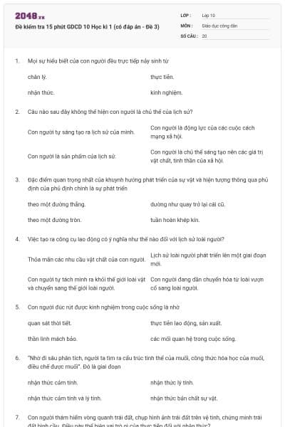 Đề kiểm tra 15 phút GDCD 10 Học kì 1 (có đáp án - Đề 3)