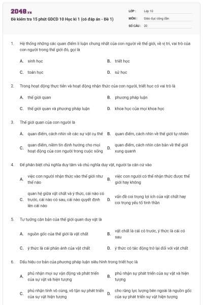 Đề kiểm tra 15 phút GDCD 10 Học kì 1 (có đáp án - Đề 1)