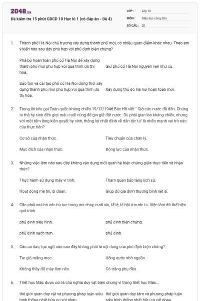 Đề kiểm tra 15 phút GDCD 10 Học kì 1 (có đáp án - Đề 4)