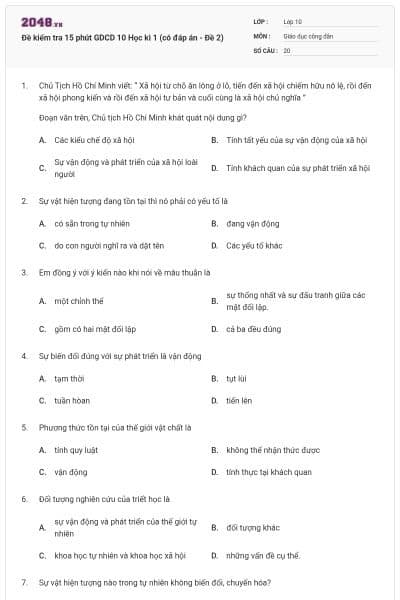 Đề kiểm tra 15 phút GDCD 10 Học kì 1 (có đáp án - Đề 2)