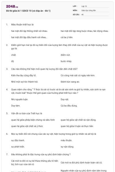 Đề thi giữa kì 1 GDCD 10 (có đáp án - Đề 1)