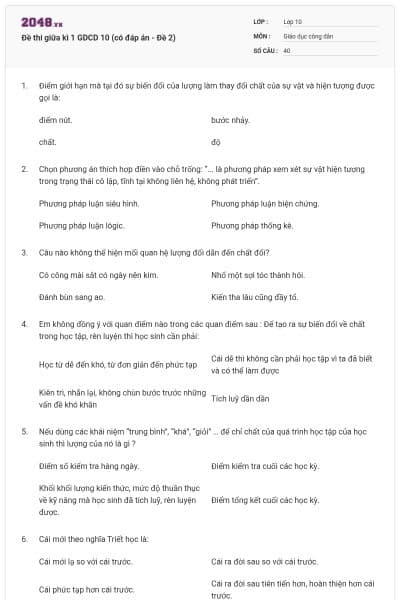 Đề thi giữa kì 1 GDCD 10 (có đáp án - Đề 2)
