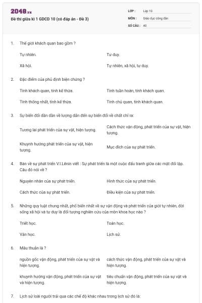 Đề thi giữa kì 1 GDCD 10 (có đáp án - Đề 3)