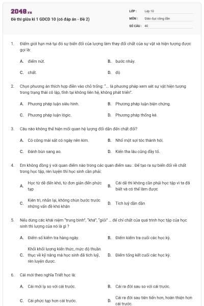 Đề thi giữa kì 1 GDCD 10 (có đáp án - Đề 2)