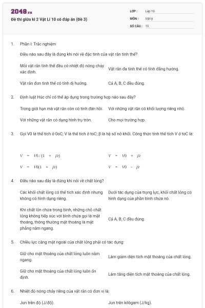 Đề thi giữa kì 2 Vật Lí 10 có đáp án (Đề 3)