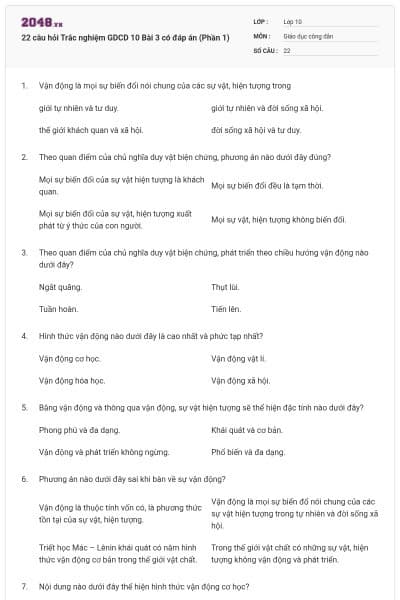 22 câu hỏi Trắc nghiệm GDCD 10 Bài 3 có đáp án (Phần 1)