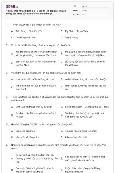 10 câu  Trắc nghiệm Lịch Sử 10 Bài 28 (có đáp án): Truyền thống yêu nước của dân tộc Việt Nam thời pk