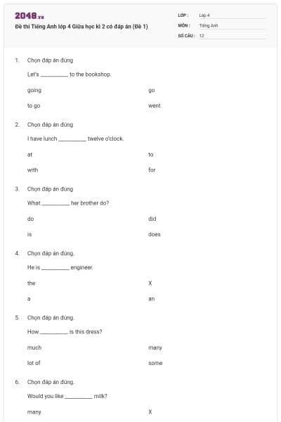 Đề thi Tiếng Anh lớp 4 Giữa học kì 2 có đáp án (Đề 1)