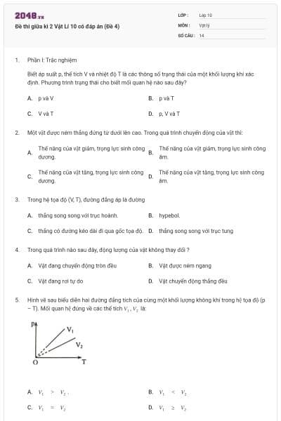 Đề thi giữa kì 2 Vật Lí 10 có đáp án (Đề 4)