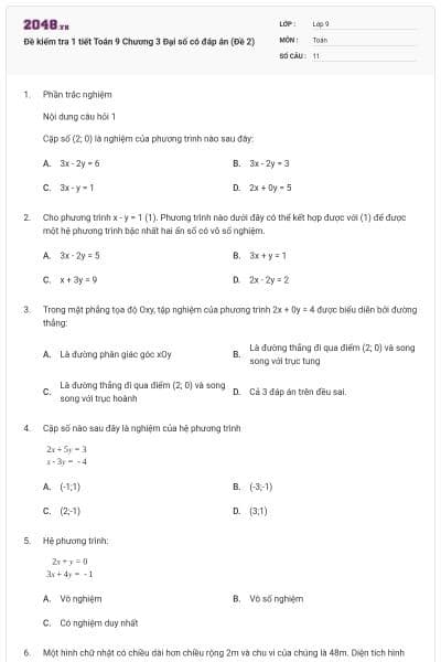 Đề kiểm tra 1 tiết Toán 9 Chương 3 Đại số có đáp án (Đề 2)