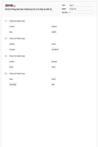 Đề thi Tiếng Anh lớp 4 Giữa học kì 2 có đáp án (Đề 3)