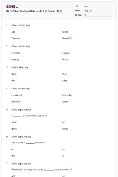 Đề thi Tiếng Anh lớp 4 Giữa học kì 2 có đáp án (Đề 4)