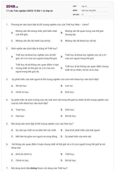 17 câu Trắc nghiệm GDCD 10 Bài 1 có đáp án