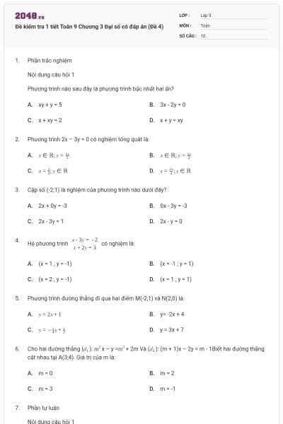Đề kiểm tra 1 tiết Toán 9 Chương 3 Đại số có đáp án (Đề 4)