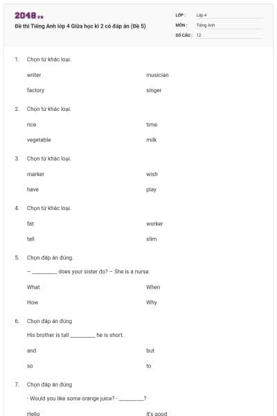 Đề thi Tiếng Anh lớp 4 Giữa học kì 2 có đáp án (Đề 5)