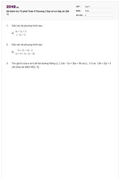 Đề kiểm tra 15 phút Toán 9 Chương 3 Đại số có đáp án (Đề 1)