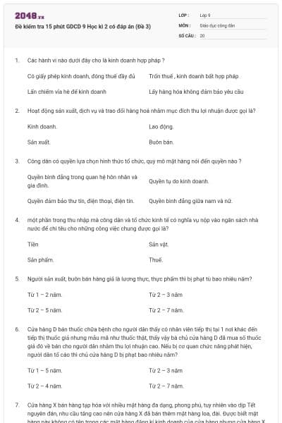 Đề kiểm tra 15 phút GDCD 9 Học kì 2 có đáp án (Đề 3)