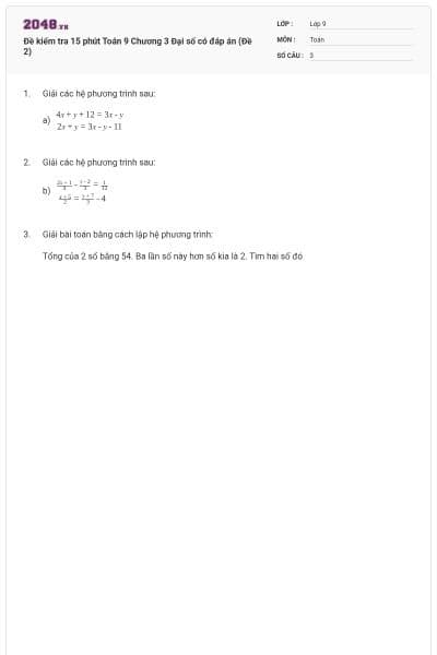 Đề kiểm tra 15 phút Toán 9 Chương 3 Đại số có đáp án (Đề 2)