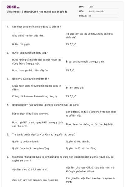 Đề kiểm tra 15 phút GDCD 9 Học kì 2 có đáp án (Đề 4)