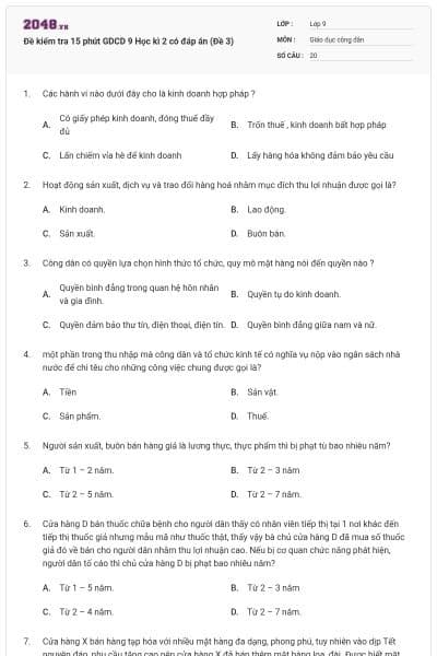 Đề kiểm tra 15 phút GDCD 9 Học kì 2 có đáp án (Đề 3)