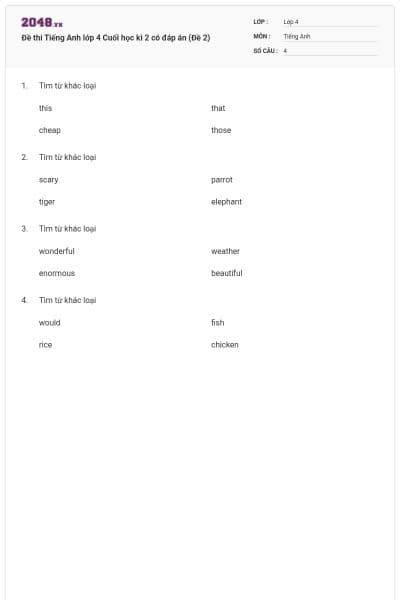 Đề thi Tiếng Anh lớp 4 Cuối học kì 2 có đáp án (Đề 2)