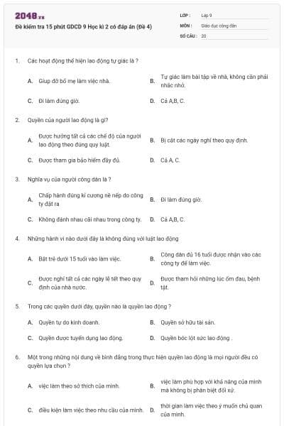 Đề kiểm tra 15 phút GDCD 9 Học kì 2 có đáp án (Đề 4)