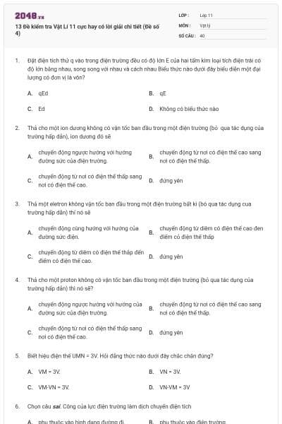 13 Đề kiểm tra Vật Lí 11 cực hay có lời giải chi tiết (Đề số 4)